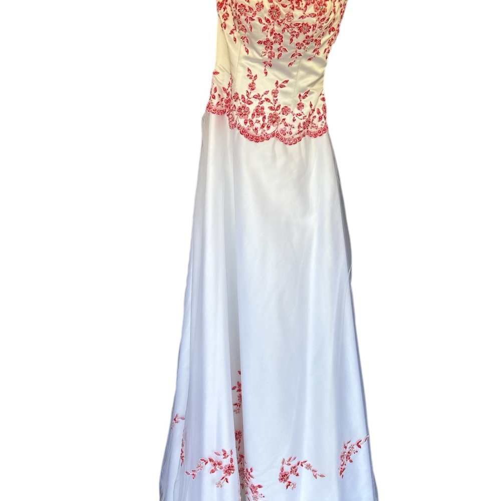 White and Red Sequin Strapless Gown